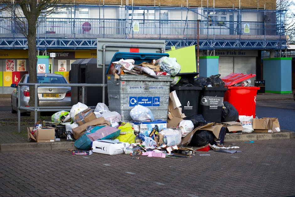 A large green industrial rubbish bin filled with a variety of waste materials, including flattened cardboard boxes, partially assembled wooden pallets, and miscellaneous packaging. The cardboard boxes